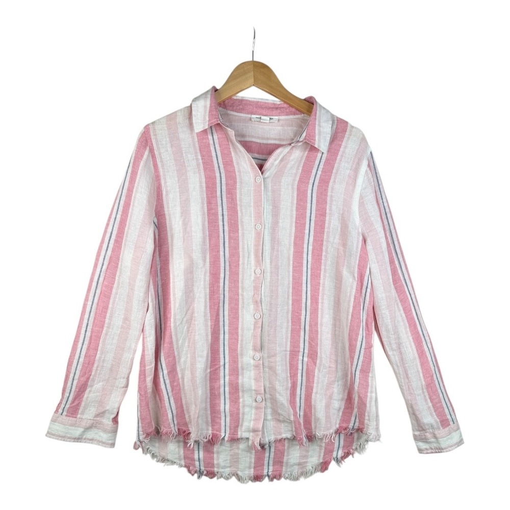 BeachLunchLounge Co Women's Elyse Frayed Hem Button Down Size Large Pink Stripe